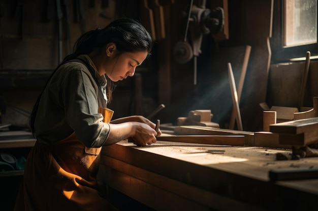 Vrouw werkplaats timmerman Houten gereedschap Genereren Ai