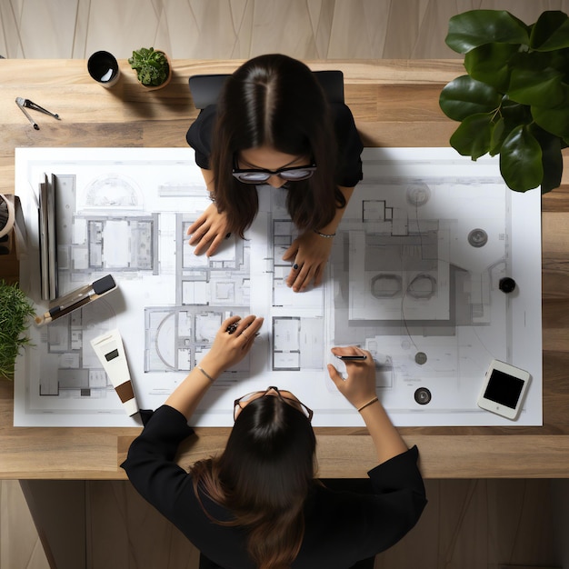 Vrouw werkt aan archicad autocad tekeningen ze zit aan het bureau in licht loft interieur merk object o