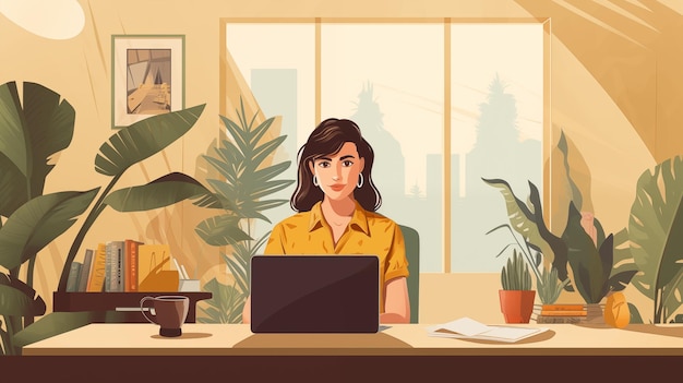 Vrouw werkt aan de computer in een ontspannen kantooromgeving