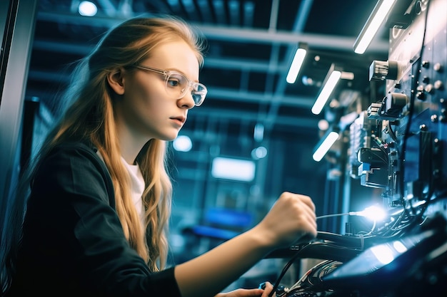 Vrouw werkt aan een auto in een autoreparatiewerkplaats Vrouwelijke monteur werkt aan auto