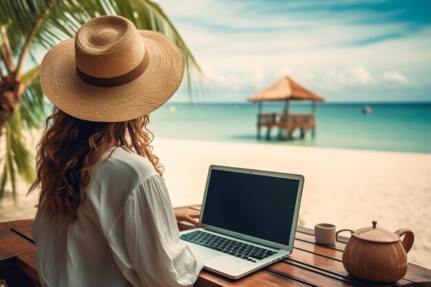 Vrouw werkt aan een laptop aan tafel.