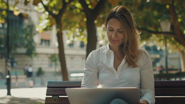 Vrouw werkt aan een laptop buiten en geniet van een rustig moment in een stedelijk park