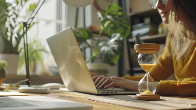 Vrouw werkt met een laptop en een zandklok tijdmanagementconcept