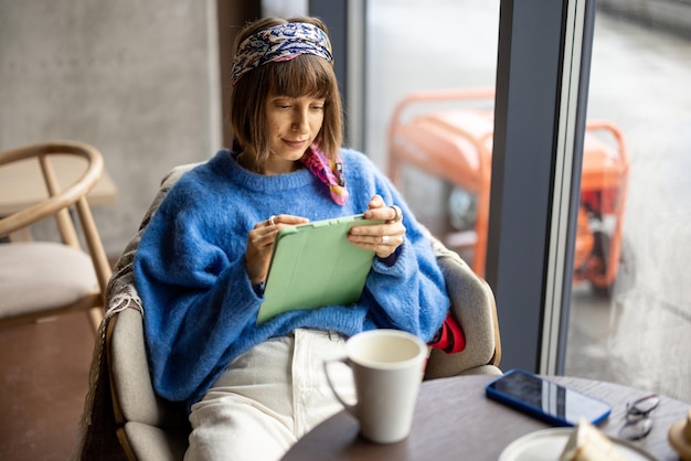 Vrouw werkt op tablet in café met een generator buiten