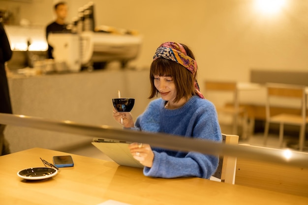 Vrouw werkt op touchpad in coffeeshop