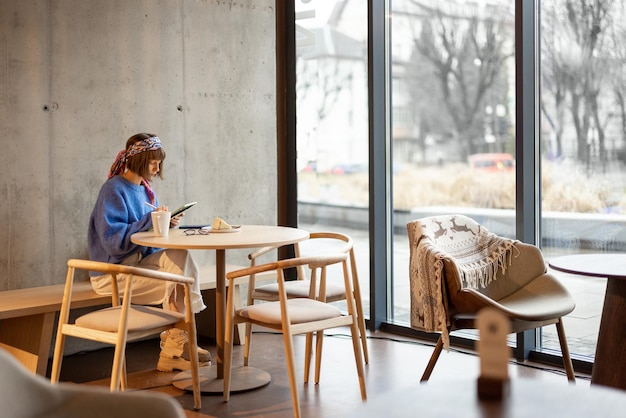 Vrouw werkt op touchpad in coffeeshop