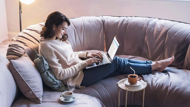 Vrouw werkt van een comfortabele bank