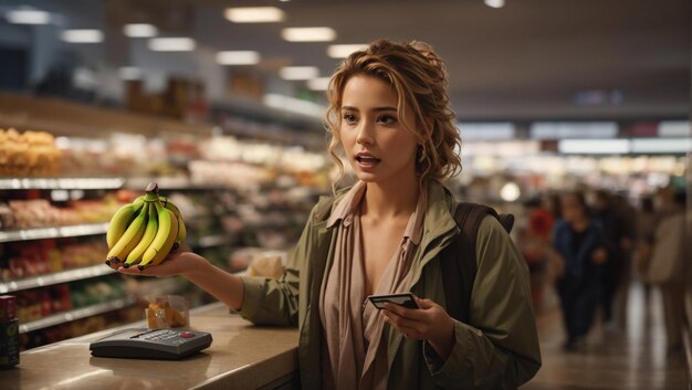 Foto vrouw winkelt in de supermarkt en betaalt haar aankoop met een creditcard