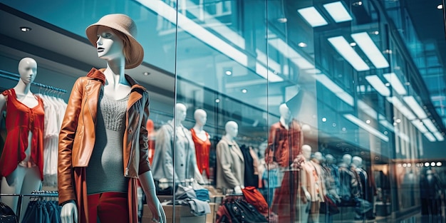 Vrouw winkelt in een warenhuis met mannequins en kleding tentoongesteld