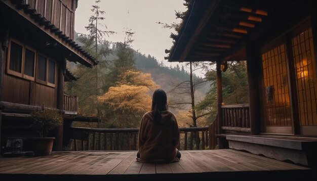 Vrouw yoga meditatie zittend op terras in de natuur geestelijke gezondheidszorg concept AI gegenereerd