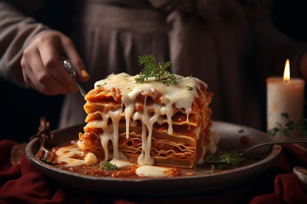 Vrouw zet lasagne op bord van dichtbij.