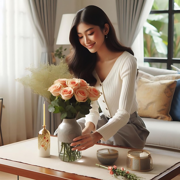 Vrouw zet vaas met bloemen rozen op tafel Huishoudvrouw zorgt voor gezelligheid in appartement Interieur