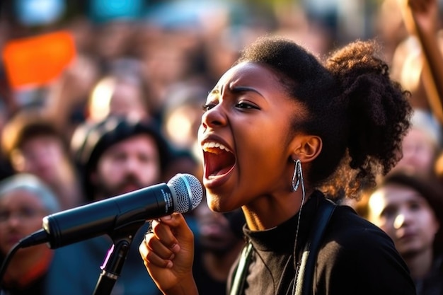 Vrouw zingt in de microfoon bij een voorstelling van AI