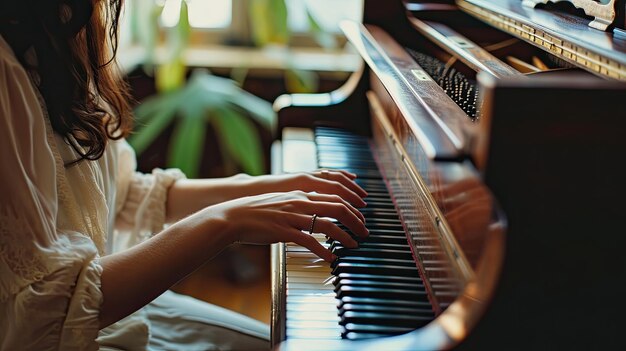 Vrouw zit aan de piano in een donkere kamer.