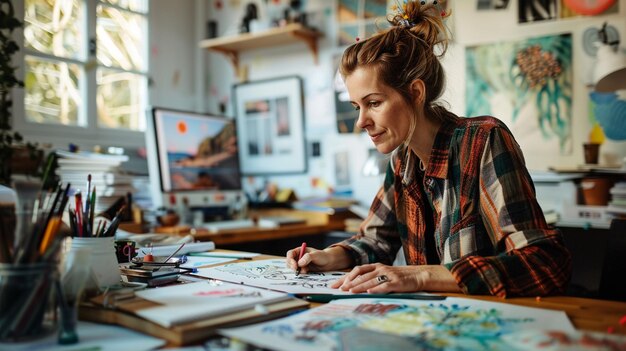 Foto vrouw zit aan een bureau met een tekening en een computer generatieve ai