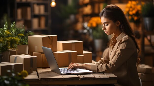 vrouw zit aan een tafel met een laptopcomputer voor haar generatieve AI