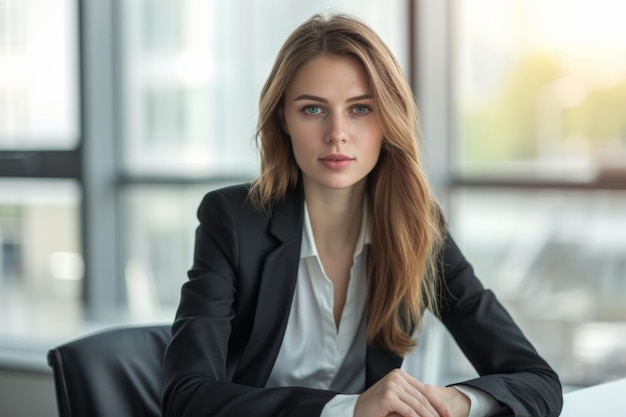 Vrouw zit aan het bureau in het kantoor