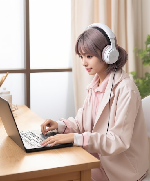 Vrouw zit aan het bureau met laptop en koptelefoon