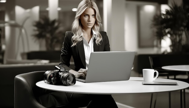 Vrouw zit aan het bureau met laptop in een modern kantoor
