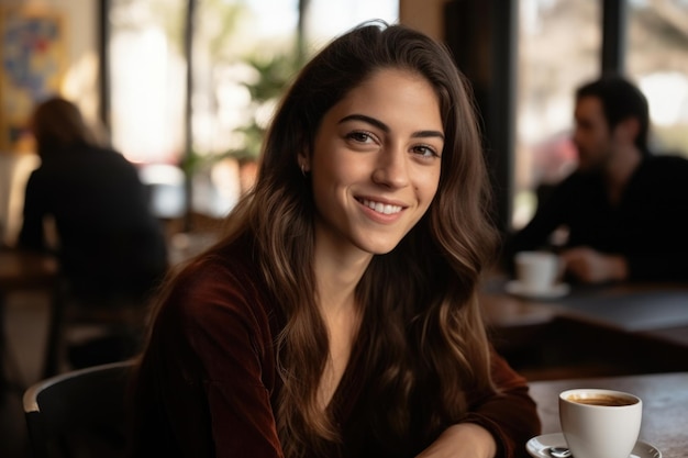 Vrouw zit aan tafel met een koffiekopje