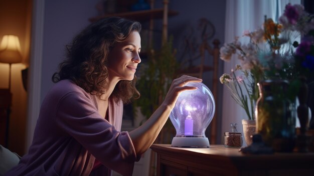 Vrouw zit aan tafel met een lamp