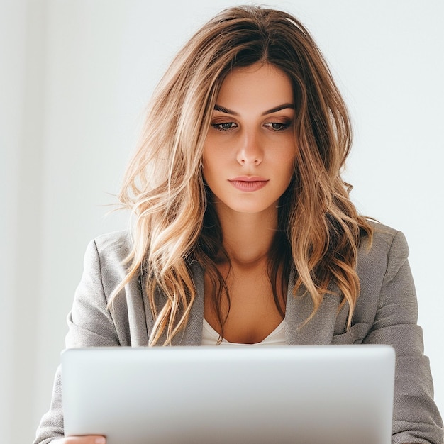 Vrouw zit aan tafel met een laptop