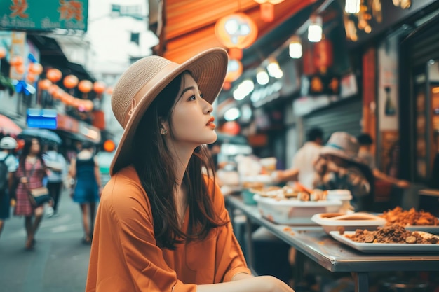 Vrouw zit aan tafel met eten in Chinatown Street Market Generatieve AI