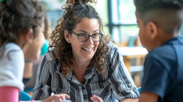 Foto vrouw zit aan tafel met twee kinderen