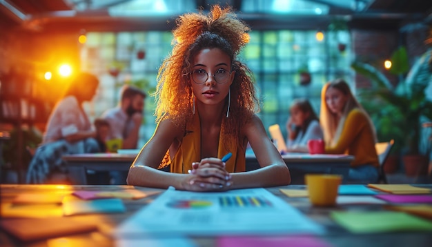 Vrouw zit aan tafel Pen Hand Een vrouw zit aan een tafel met een pen in haar hand