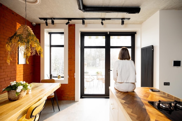 Vrouw zit alleen op een keukentafel en kijkt thuis uit de ramen