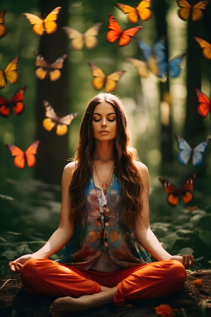 Vrouw zit in de lotuspositie yoga in de natuur meditatie fantasie ontspanning