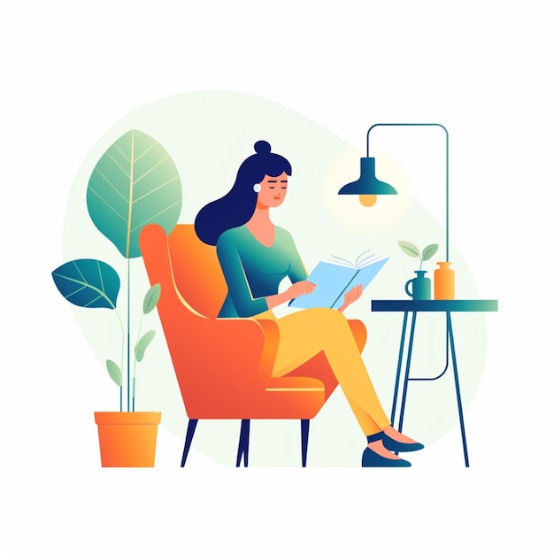 Vrouw zit in een fauteuil en leest thuis een boek Platte vectorillustratie