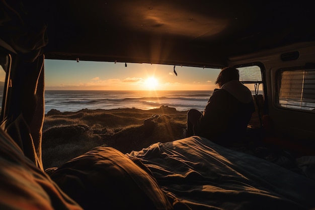 Vrouw zit in een gezellig interieur van een camper met generatieve ai met uitzicht op de oceaan