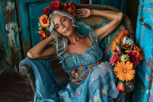 Vrouw zit in een stoel met bloemen in haar