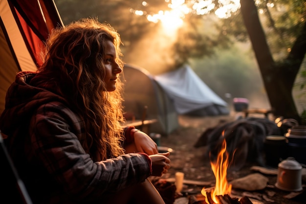 Vrouw zit in een tent in de berg.