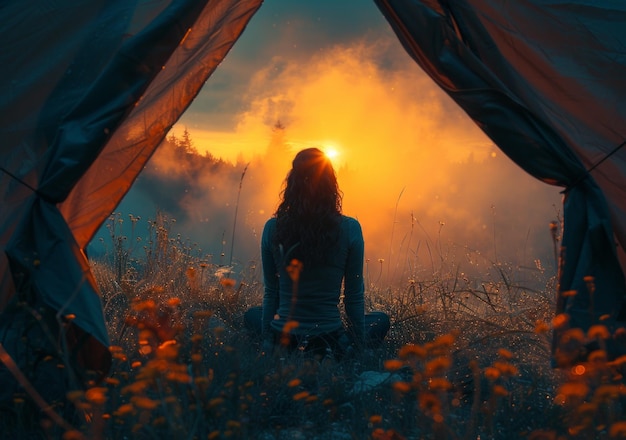 Vrouw zit in tent en kijkt naar de zonsopgang
