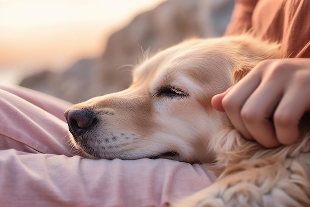 Vrouw zit met een gelukkige hond buitenshuis