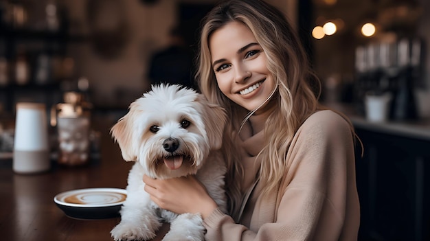 Vrouw zit met schattige hond in restaurant Huisdiervriendelijke plaatsen concept Emotionele ondersteuning concept