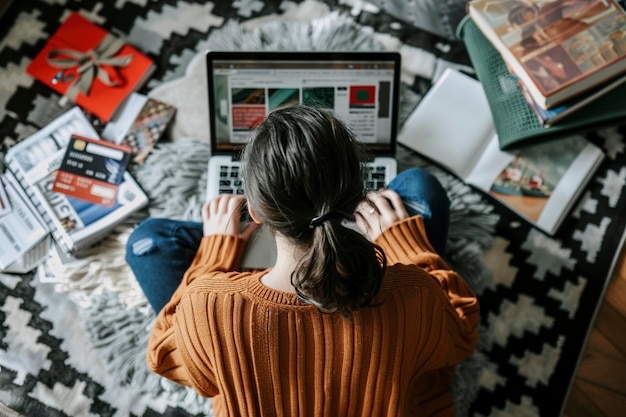 Vrouw zit op bed en gebruikt een laptop.