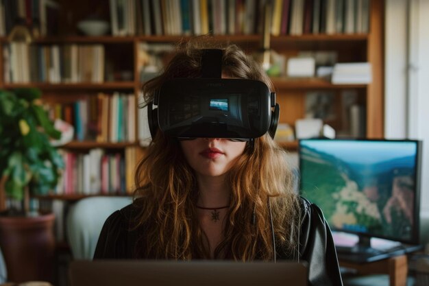 Foto vrouw zit op de bank met een virtual reality headset.