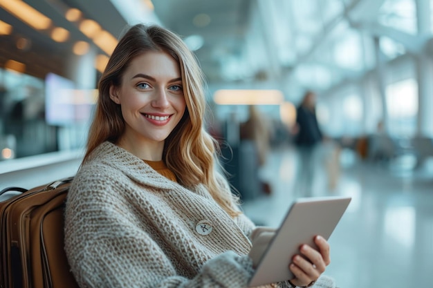 Vrouw zit op de luchthaven met een tablet in haar hand