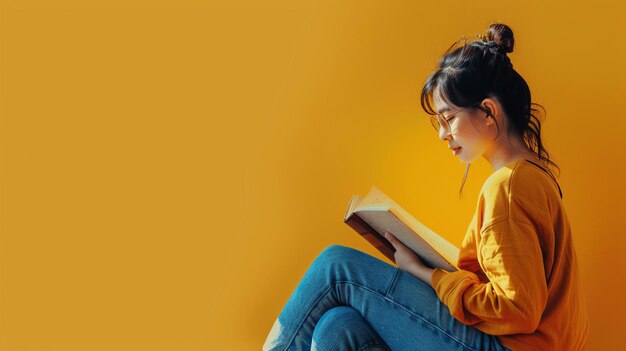 Vrouw zit op de vloer en leest een boek