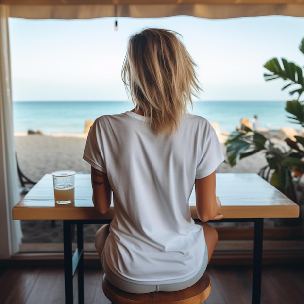 Vrouw zit op het strand café met een blank wit T-shirt naar achteren