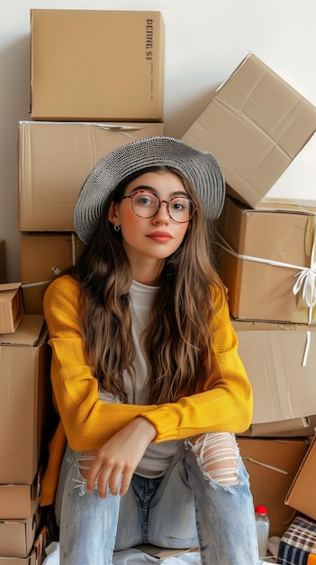 vrouw zit stapel dozen hoed meisje draagt ronde bril jonge verminderen duplicatie beschadigde kleding