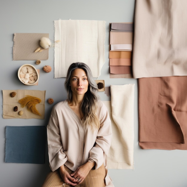 Vrouw zit voor een kleurrijke met een deken bedekte muur