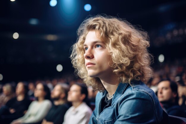 Vrouw zit voor een menigte mensen.