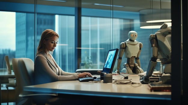 Vrouw zittend aan een bureau met een laptop en een robot achter haar generatieve ai
