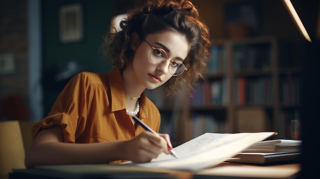 Vrouw zittend aan tafel schrijven op papier terug naar school