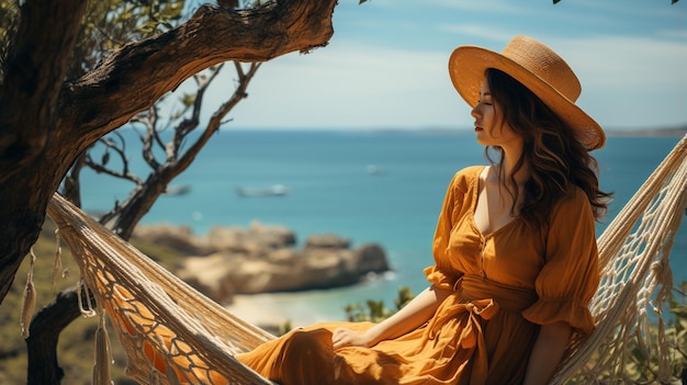 vrouw zittend in een stoel op het strand zomervakantie concept