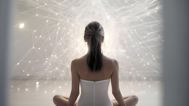 Vrouw zittend in meditatieve lotushouding voor en omgeven door een netwerk van verbonden vliegende gloeiende plekken neuraal netwerk gegenereerde kunst